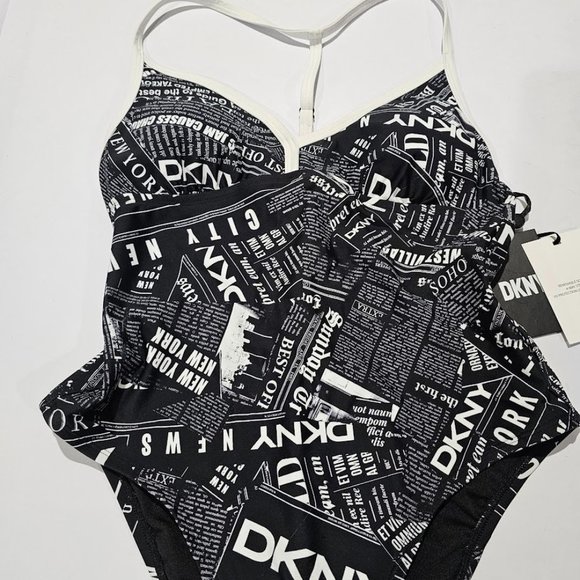 DKNY Graphic T-Back One-Piece Swimsuit Newsprint - Picture 6 of 10